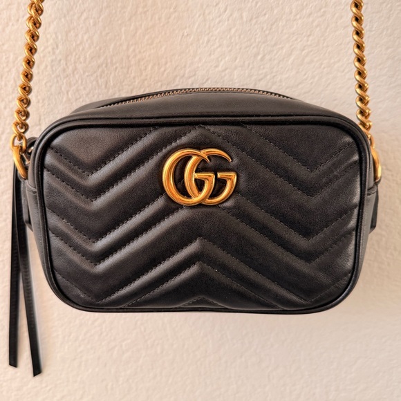 Gucci Handbags - Gucci GG Marmont Mini Crossbody Bag in Black Chevron Leather & Gold Hardware